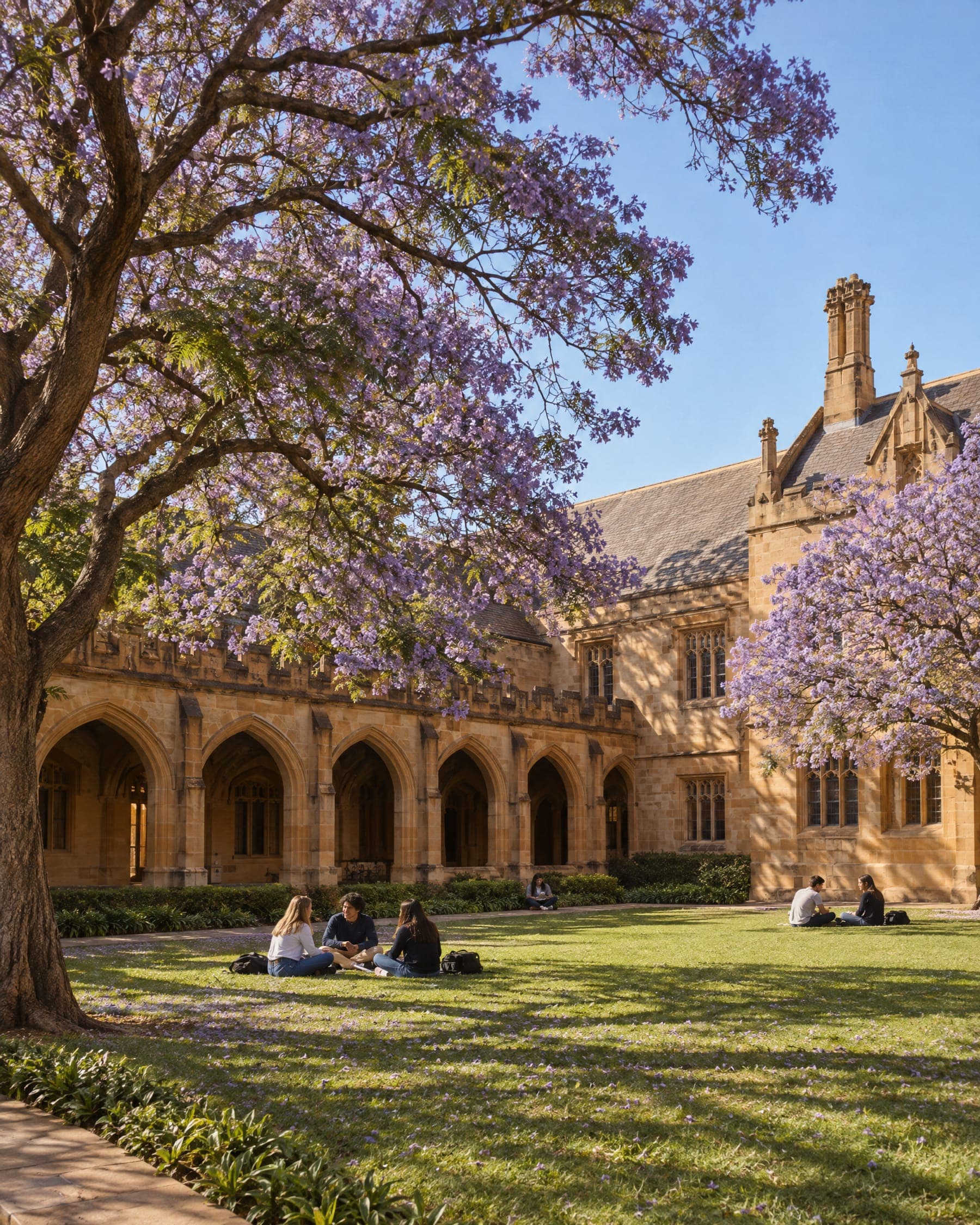 A sandstone university cloister with jacaranda trees in bloom