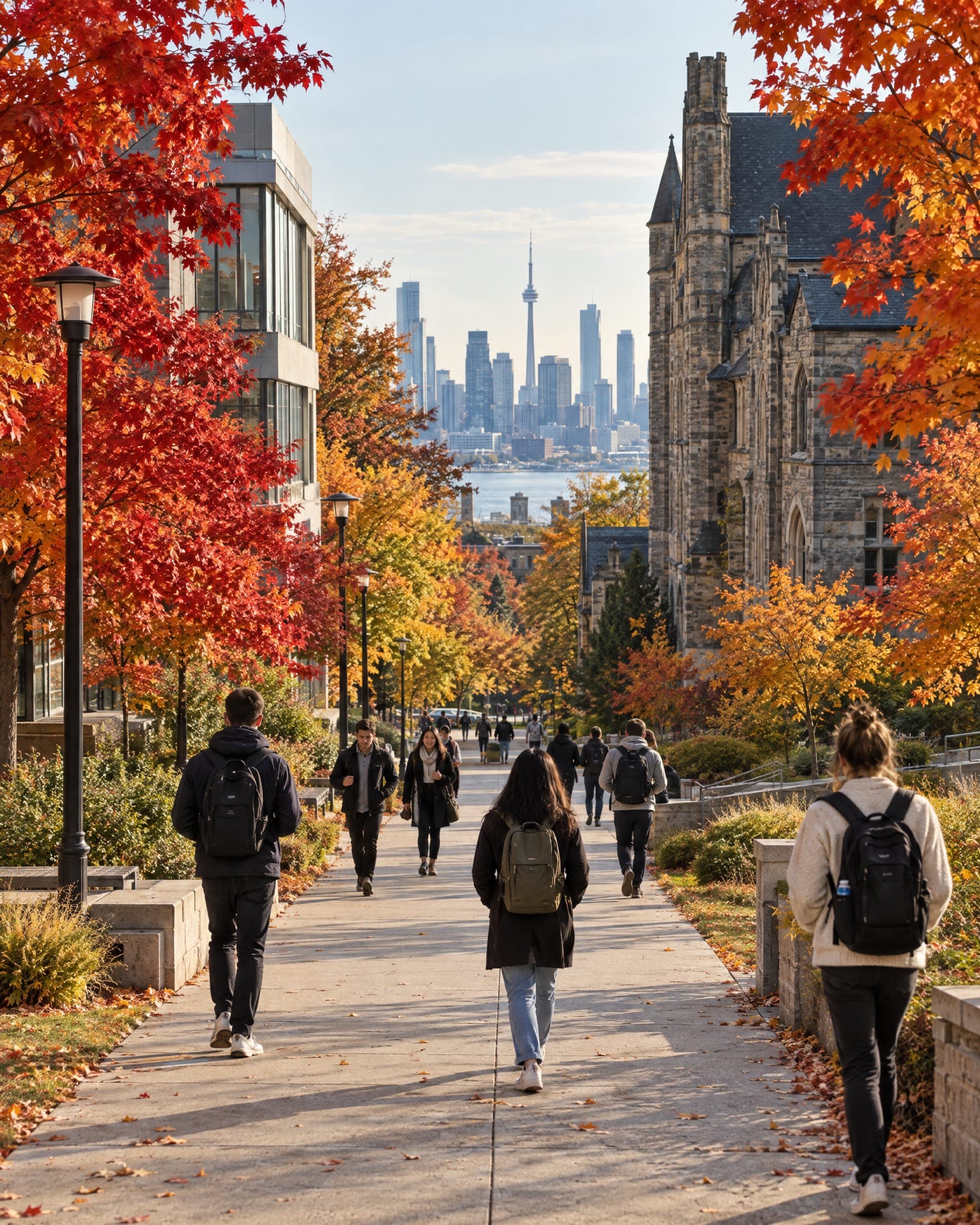 A campus path lined with autumn maple trees and a city skyline beyond