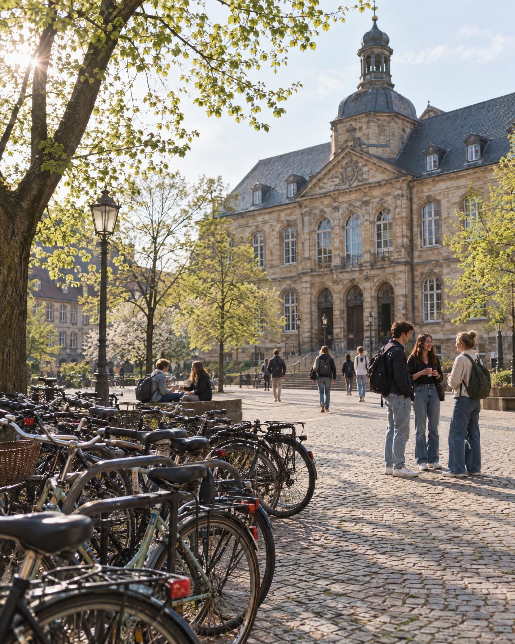 A German university town square with bicycles