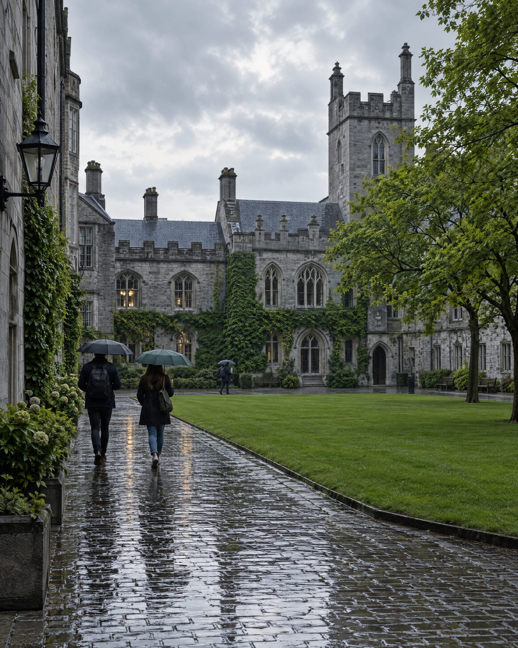 An Irish college courtyard with wet cobblestones after rain
