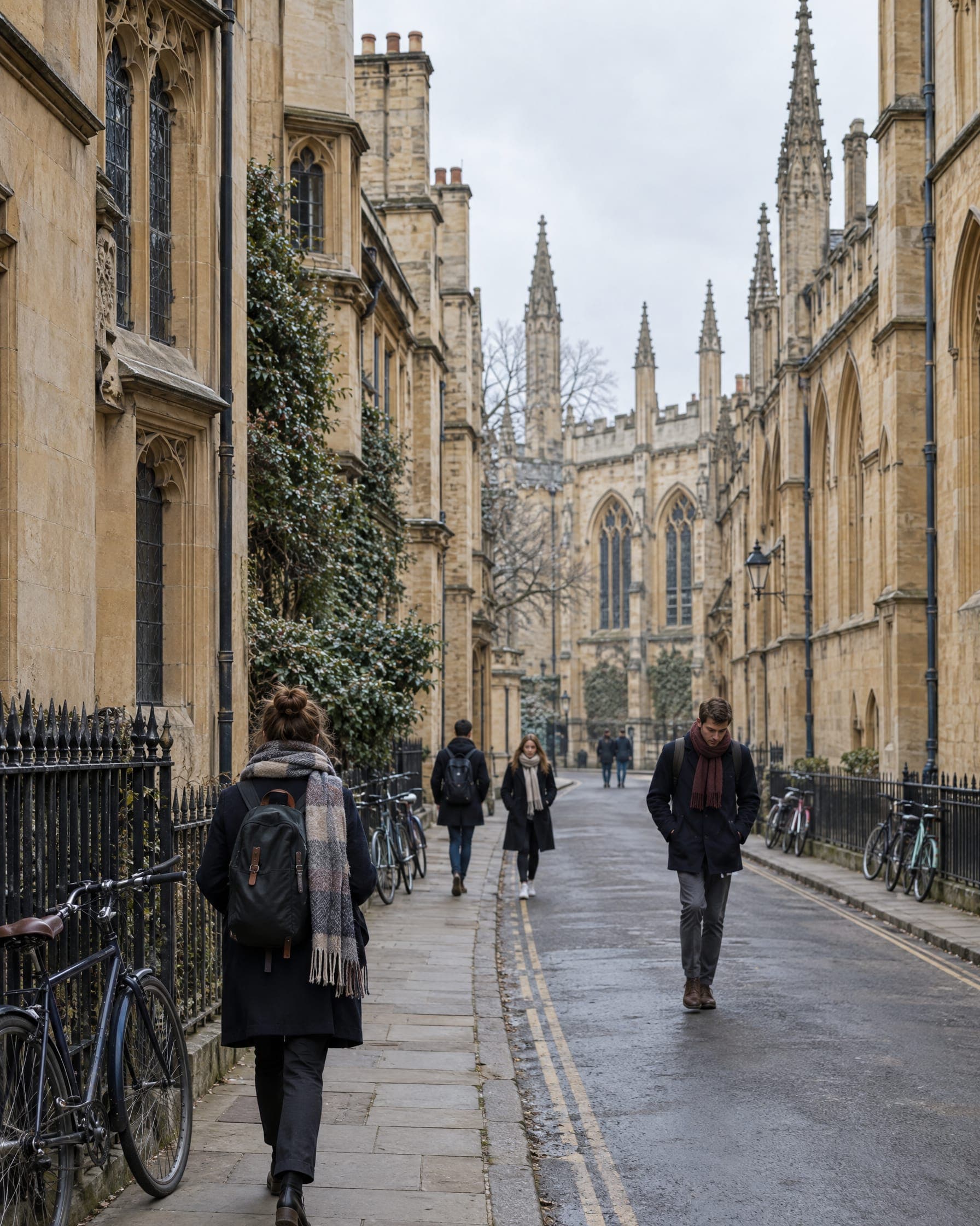 A historic British university street with stone buildings and students walking
