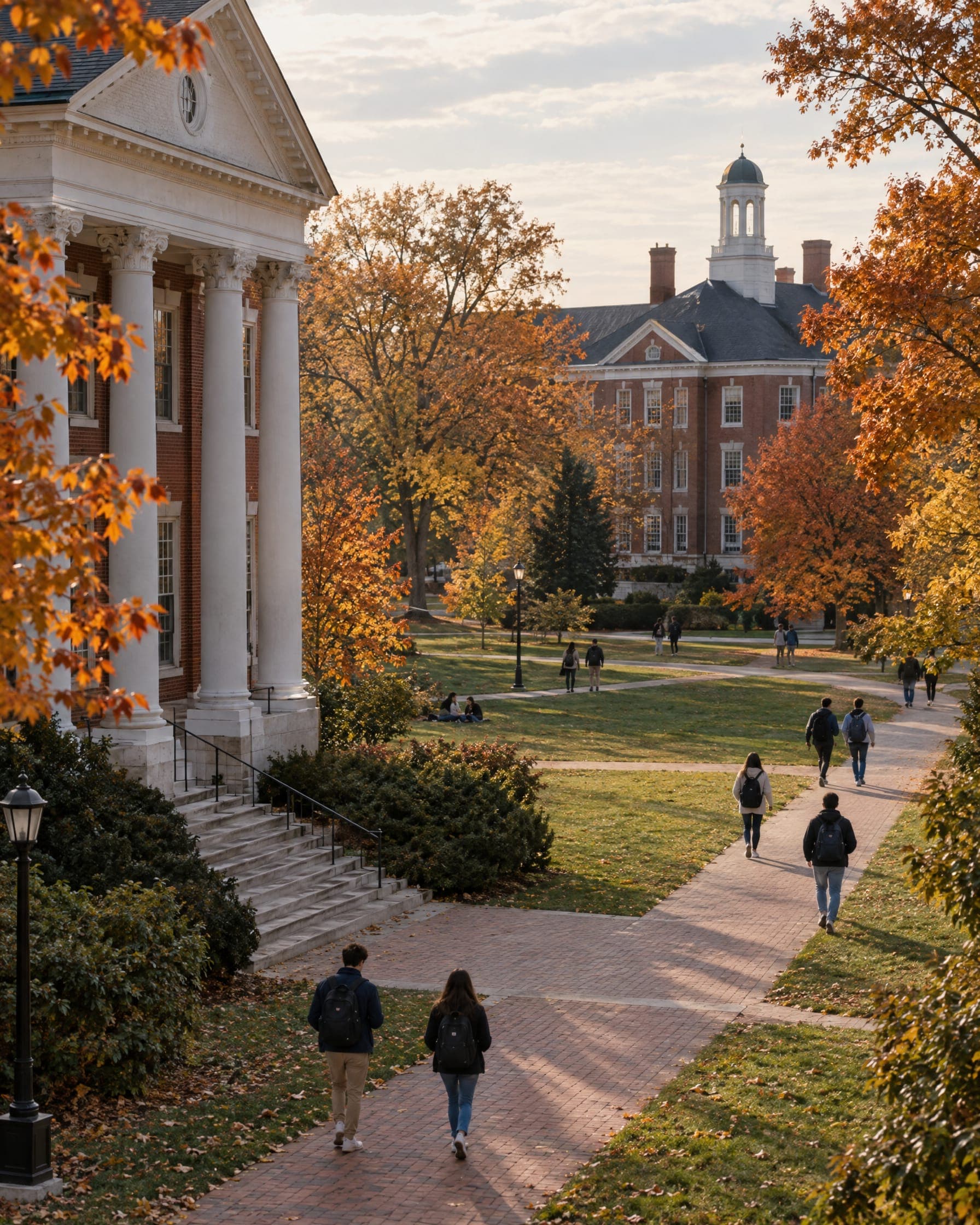 A university campus quad with red-brick buildings in autumn