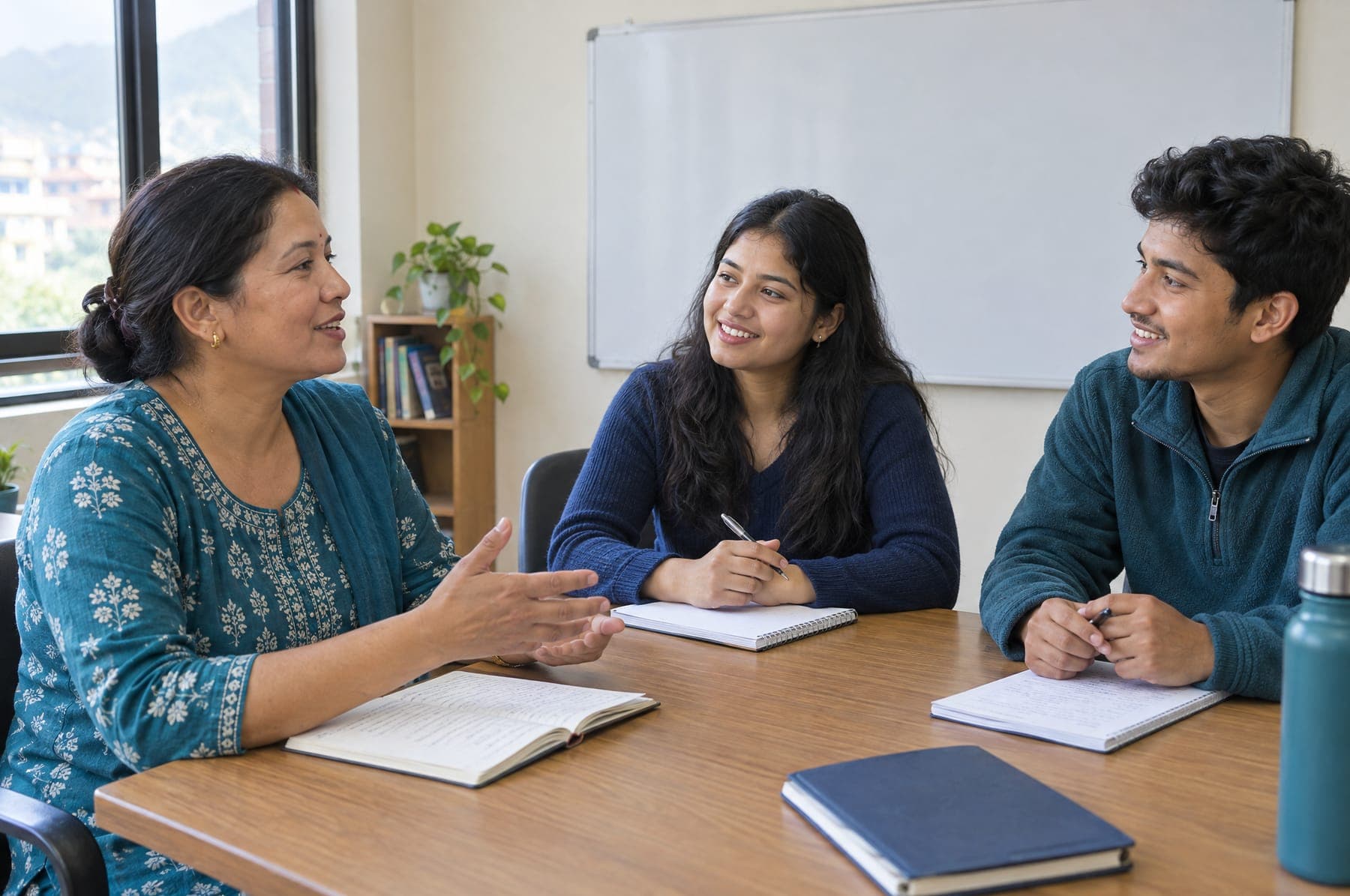 Adult learners practising English conversation around a table