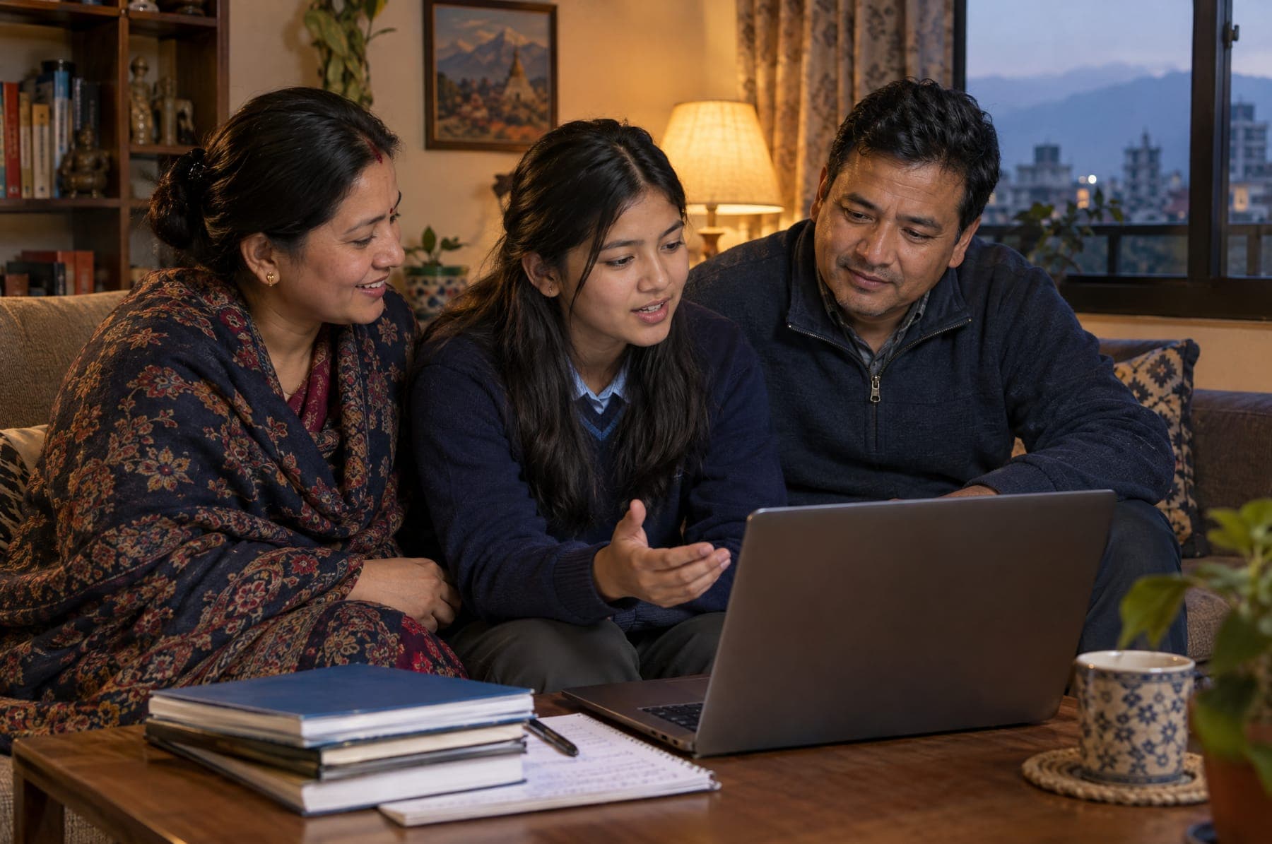 A student and their parents looking at a laptop together at home