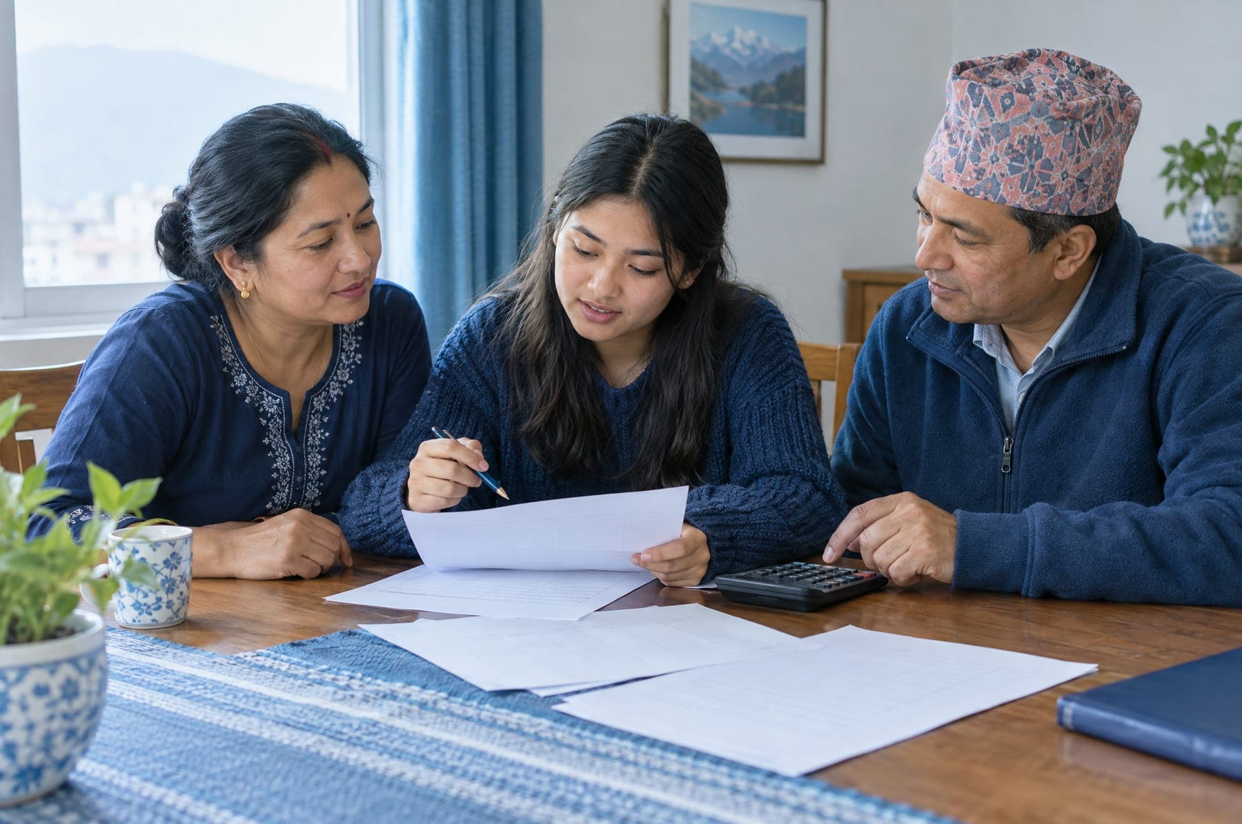 Parents and their daughter reviewing a study budget together