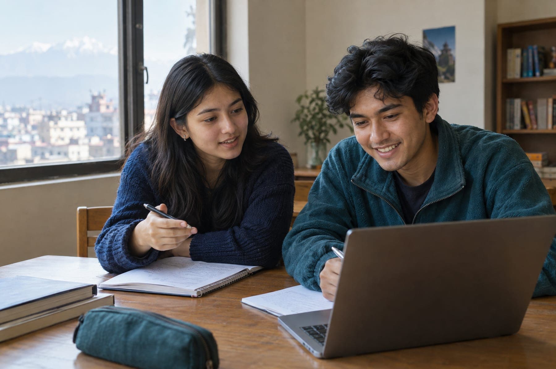 Two students studying together at a table with a laptop and notebooks