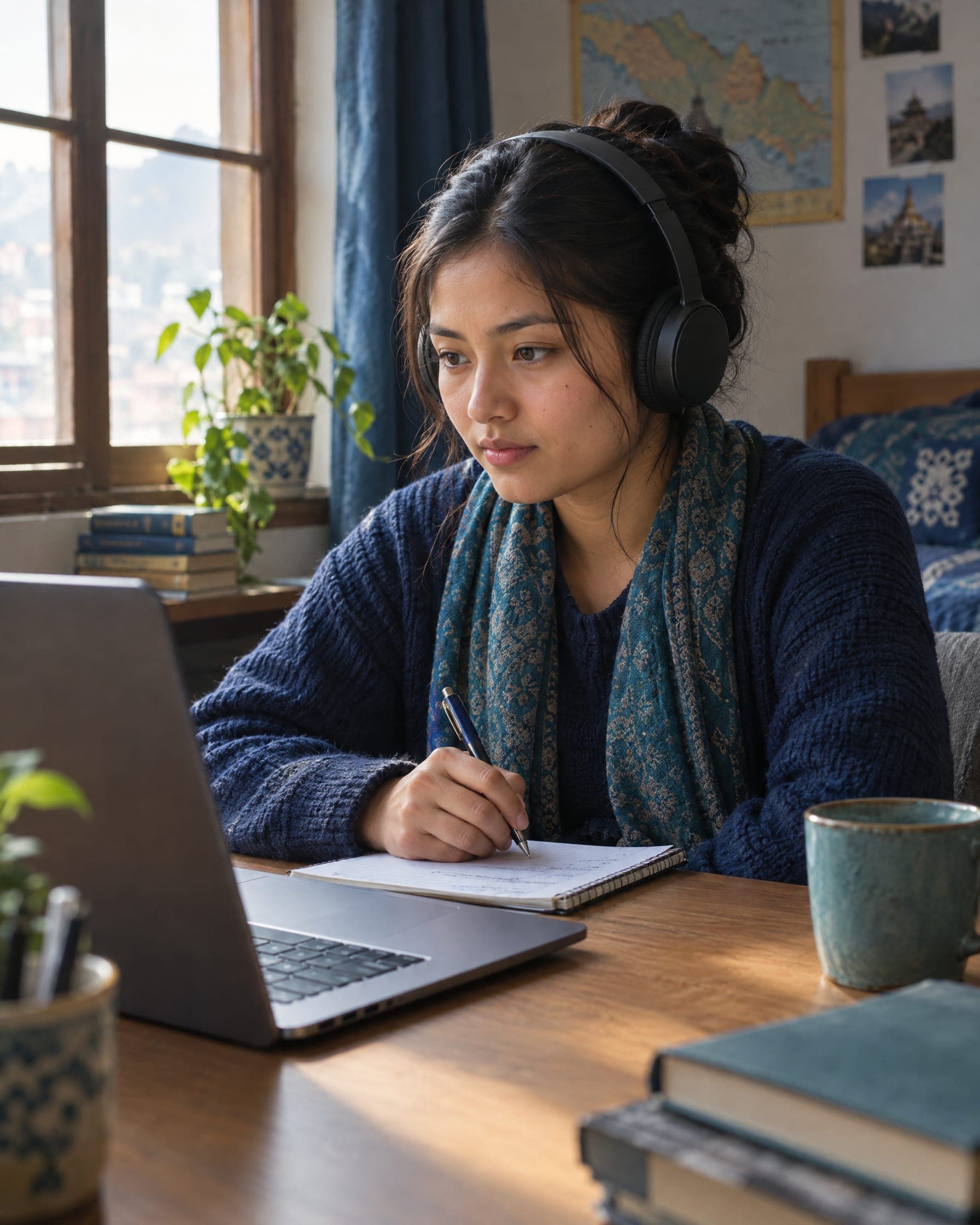 A student with headphones practising for an English test at a laptop
